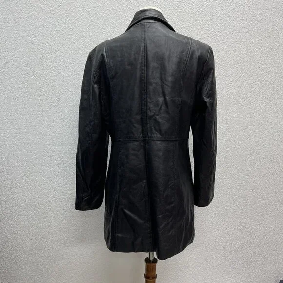 WINLIT Womens Medium Black Soft 100% Leather Button Jacket Long Lines Dress Coat